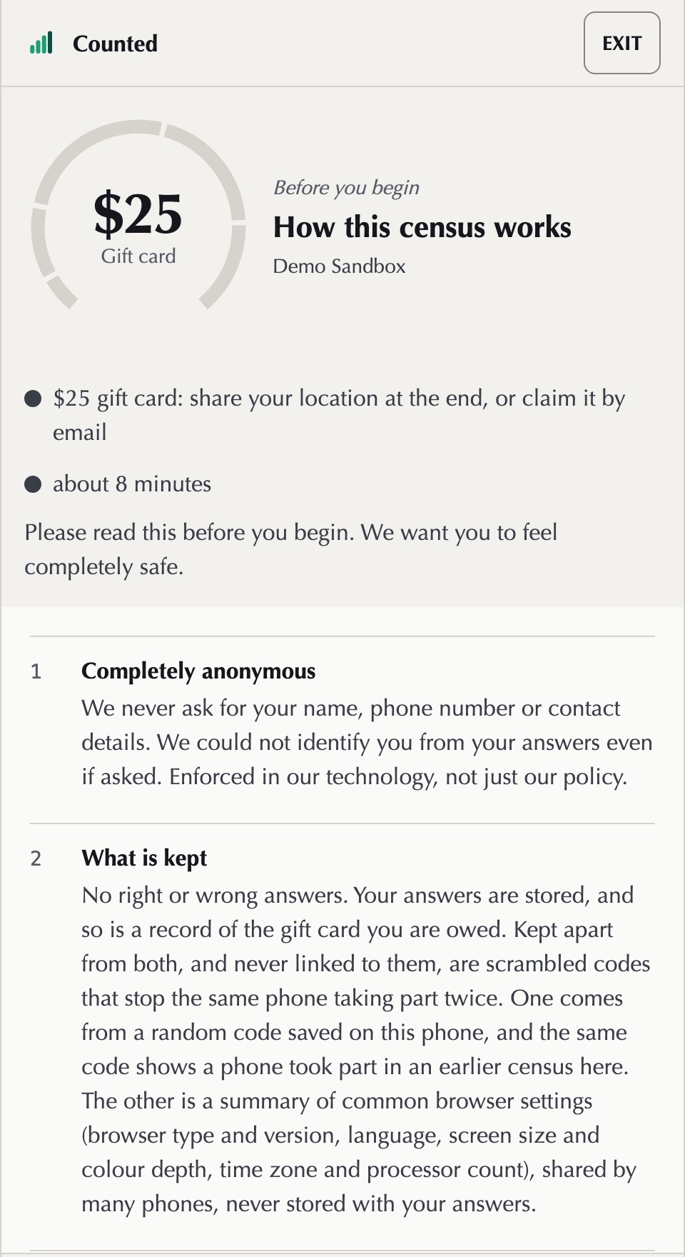 The Counted worker consent screen on a phone. A dial reads a 25 dollar gift card. Beneath it, the plain terms: completely anonymous, and what is kept, set out as numbered rows.