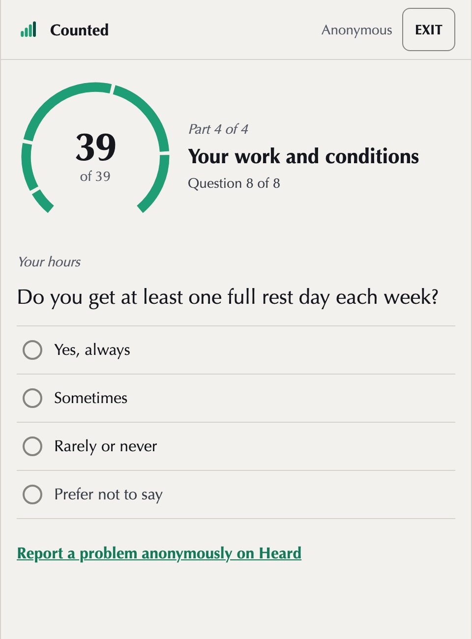 The last Counted worker question on a phone. The dial reads 39 of 39 with every arc filled, and the button at the foot reads Choose your gift card.