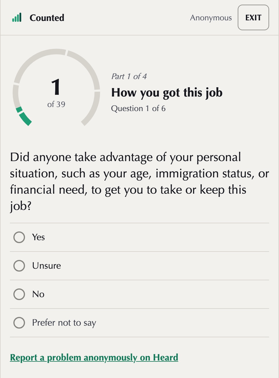 A Counted worker question on a phone. A dial reads question 1 of 39. One question, four ruled answers including Prefer not to say, and Back and Next at the foot.