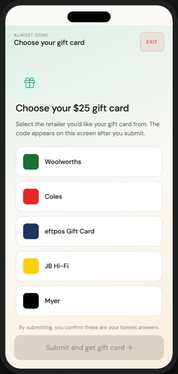 The reward screen at the end of a Counted census, where the worker chooses a gift card.